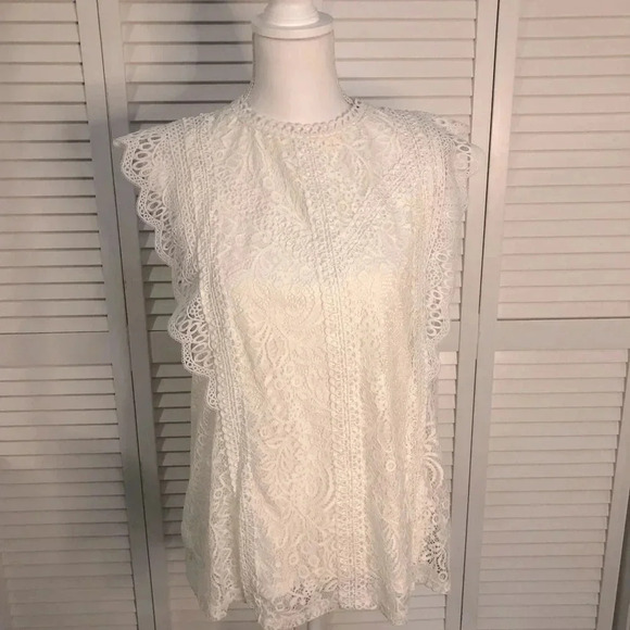 Cable & Gauge Solid White Lace Detailed Cap Sleeve Top Women's Size Large - Picture 3 of 12